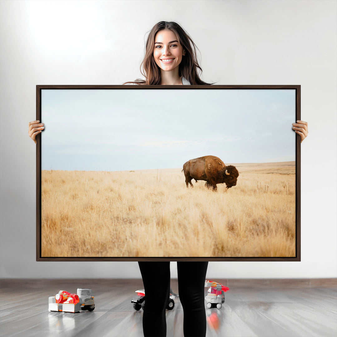 Buffalo Wall Art Canvas Print, Framed Western Wildlife Wall Decor Art Picture Print, Rustic Farmhouse Art Perfect Rustic Western Decor