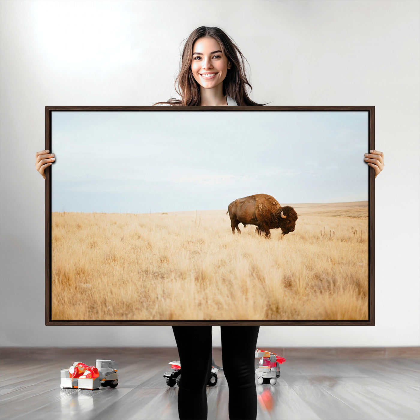 Buffalo Wall Art Canvas Print, Framed Western Wildlife Wall Decor Art Picture Print, Rustic Farmhouse Art Perfect Rustic Western Decor