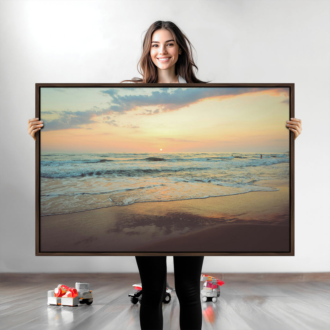 Sunset Seascape Wall Art Canvas Print, Framed Pastel Ocean View Art Picture Print, Tranquil Shoreline Perfect Boho Coastal Decor Artwork