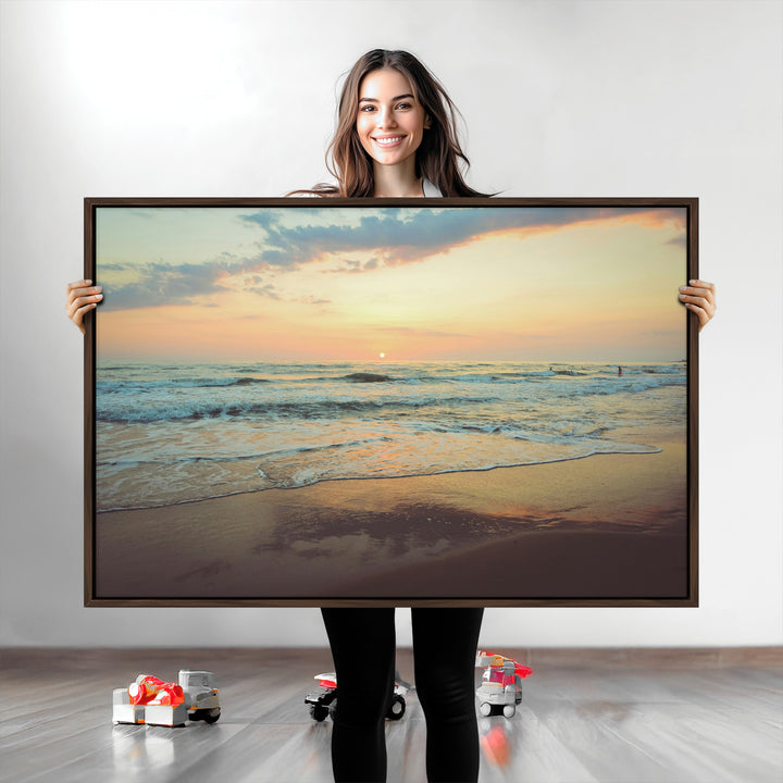Sunset Seascape Wall Art Canvas Print, Framed Pastel Ocean View Art Picture Print, Tranquil Shoreline Perfect Boho Coastal Decor Artwork
