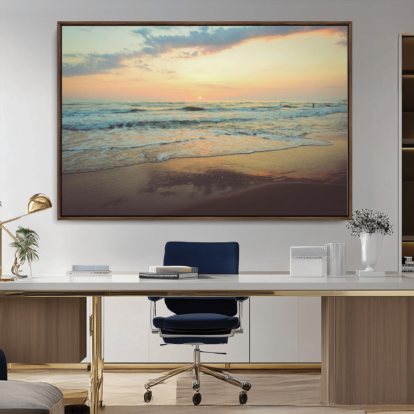 Warm sunset over gentle ocean waves with pastel sky and reflections on wet sand, creating a calm and soothing beach ambiance.