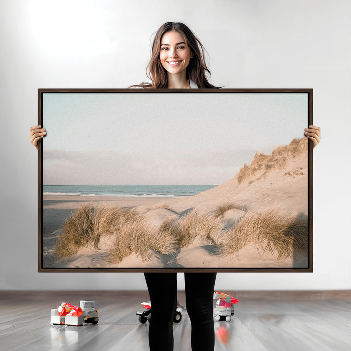 Minimalist Seascape Wall Art Canvas Print, Framed Neutral Beach Print Art Picture Print, Sand Dune Photography Perfect Scandinavian Coastal