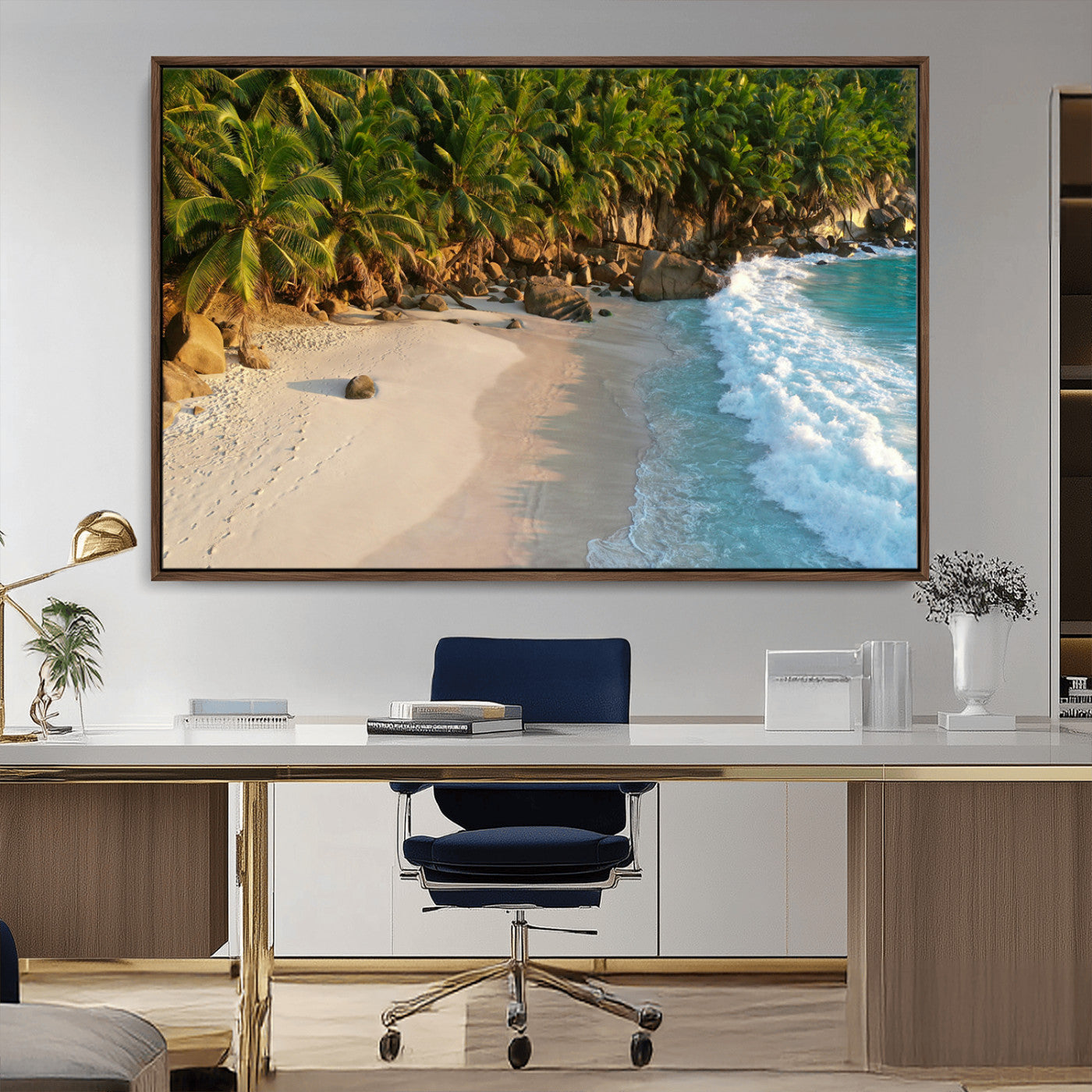 Tropical beach with golden sand, turquoise ocean waves, and lush palm trees, creating a serene coastal paradise for beach-themed decor.