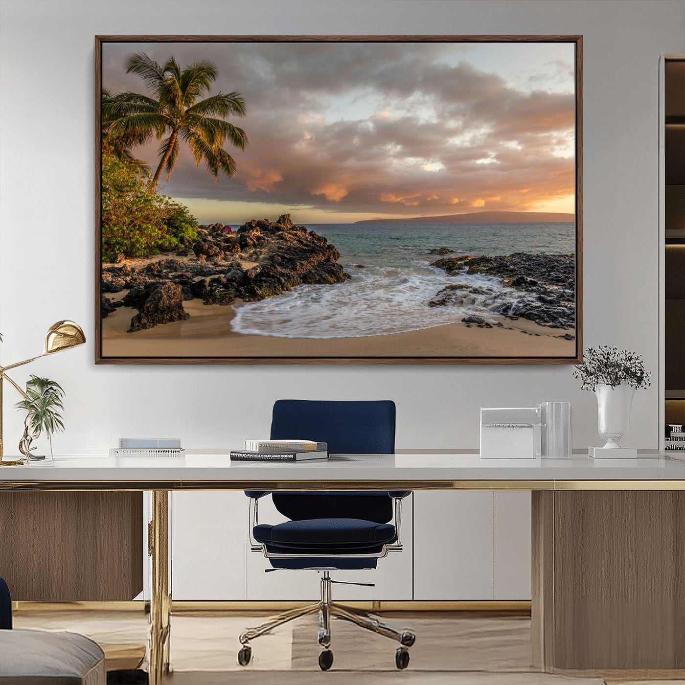 Golden sunset over a tropical beach with palm trees, rocky shoreline, and gentle ocean waves, perfect for coastal and island-inspired decor.