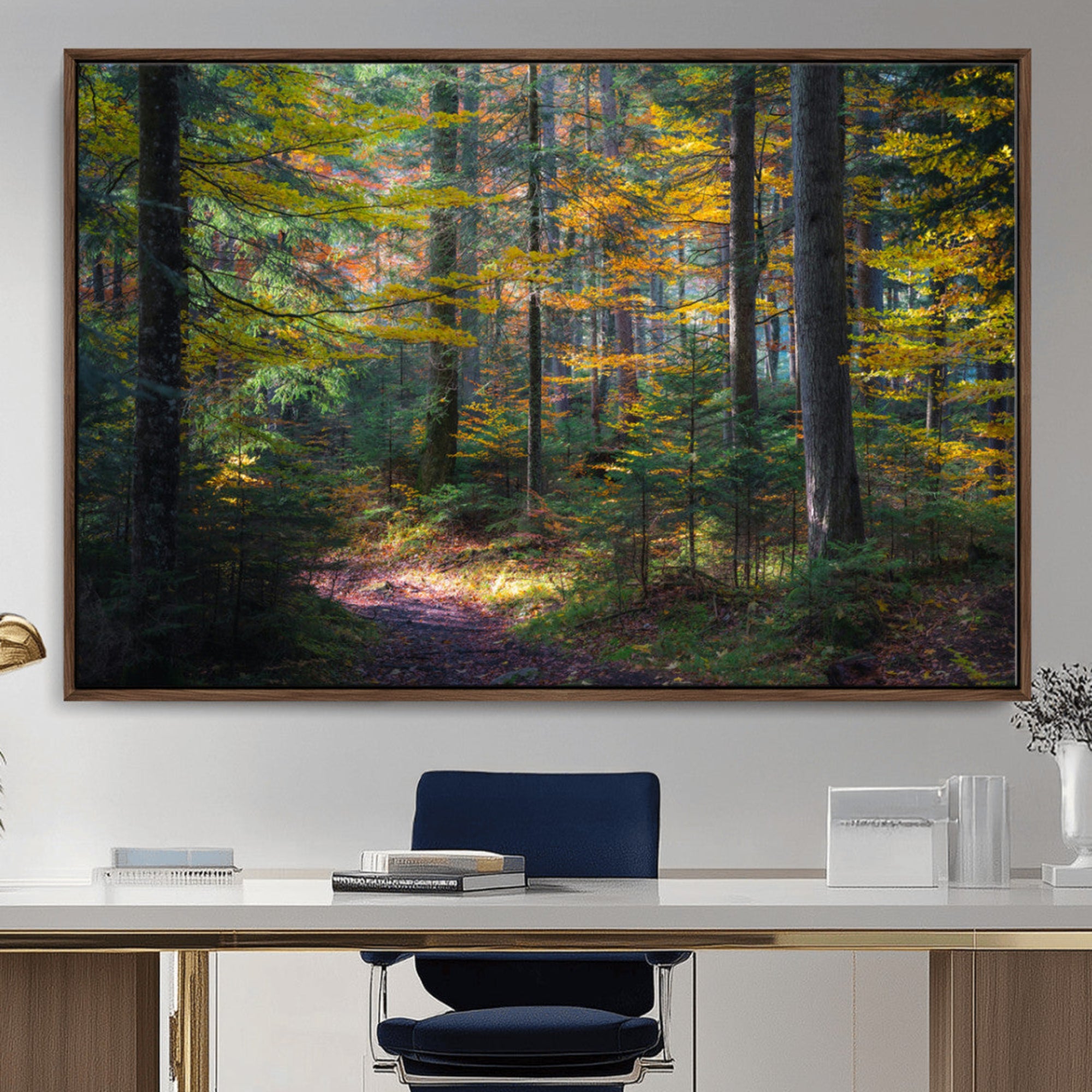A serene autumn forest with golden and green leaves, a misty atmosphere, and a sunlit pathway, creating a tranquil nature-inspired wall art piece.