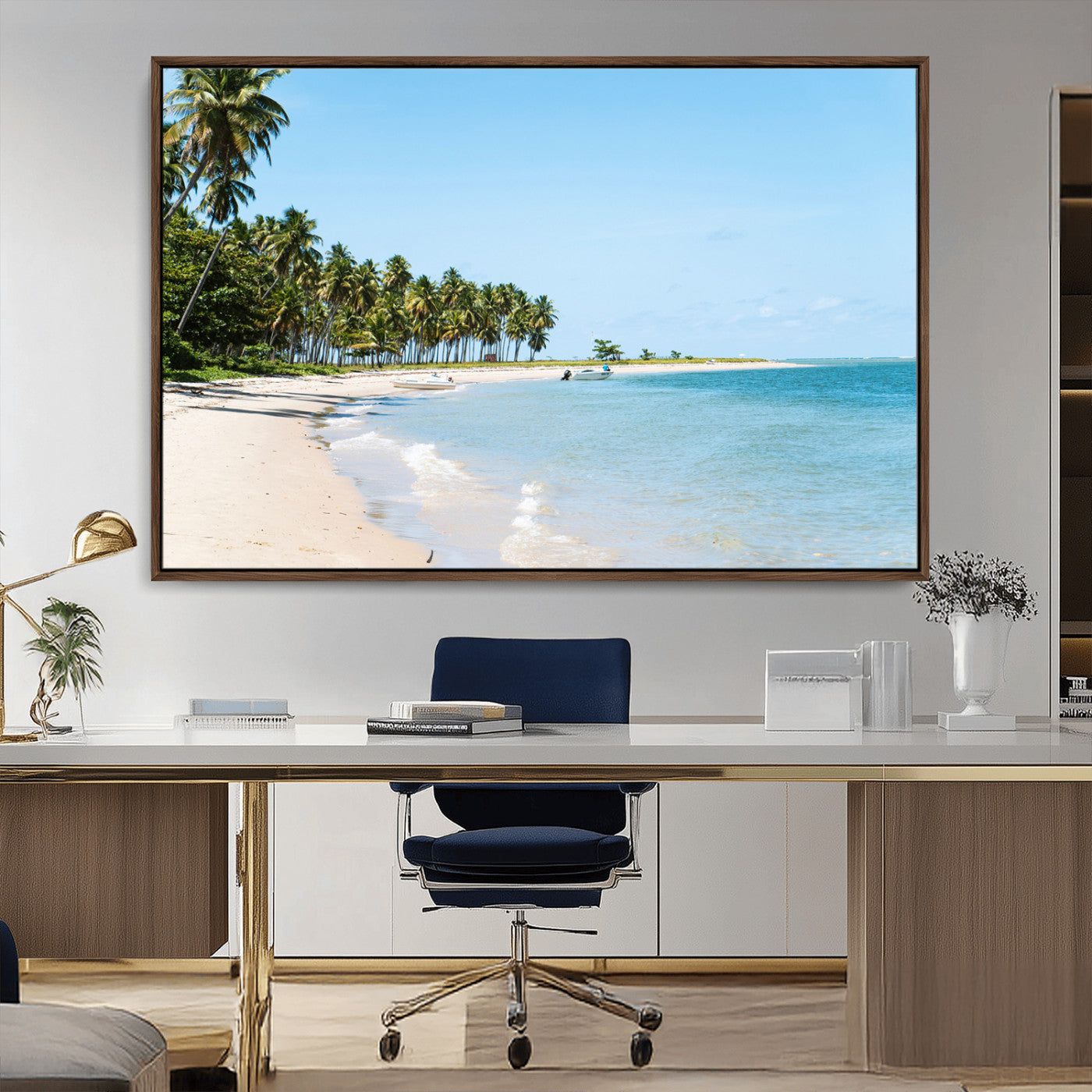 A serene tropical beach with clear blue water, soft sand, and lush palm trees under a bright sky, creating a peaceful island paradise atmosphere.