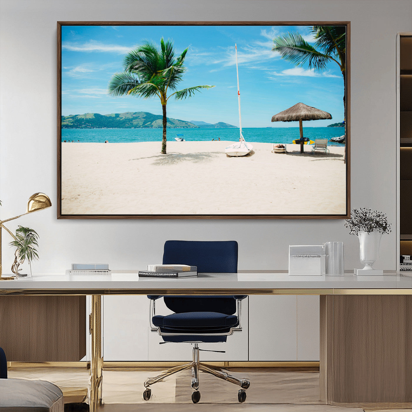 Tropical beach scene with palm trees, a white sailboat, and turquoise ocean waters under a bright blue sky, creating a peaceful summer vibe.