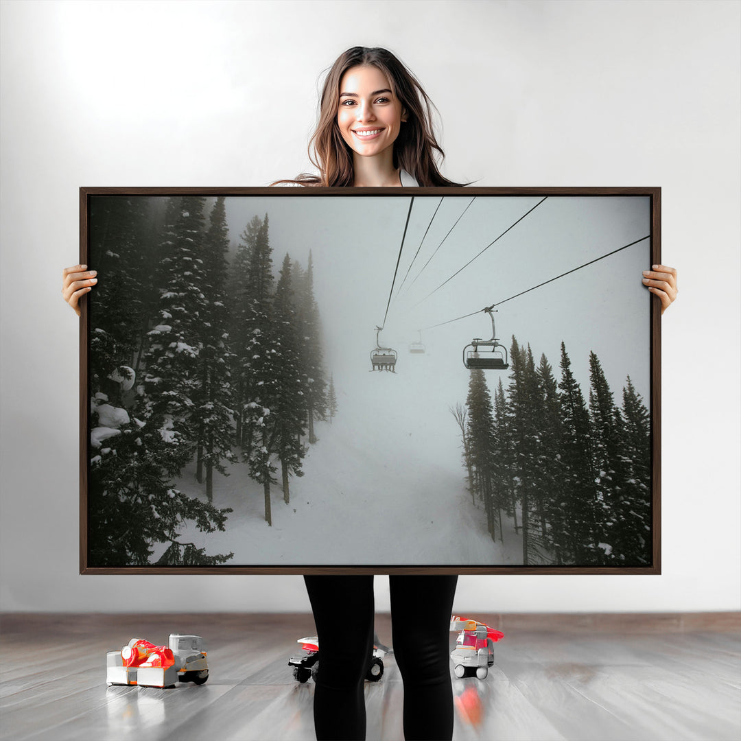 Ski Lift Wall Art Canvas Print, Framed Snowy Pines Art Picture Print, Misty Landscape Perfect Winter Serenity Decor Artwork