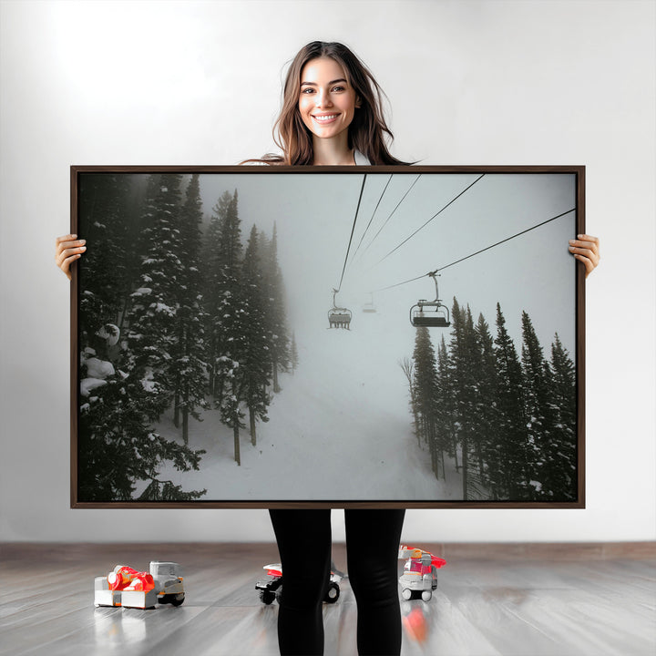 Ski Lift Wall Art Canvas Print, Framed Snowy Pines Art Picture Print, Misty Landscape Perfect Winter Serenity Decor Artwork