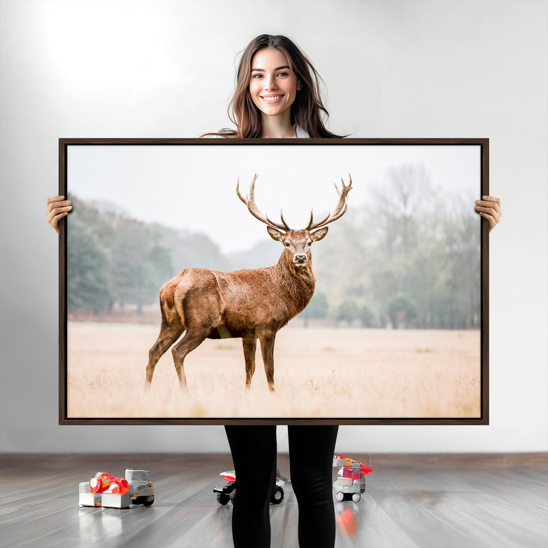 Vintage Wildlife Canvas Print, Framed Misty Landscape Art Picture Print, Deer Wall Art Perfect Rustic Wildlife Decor Artwork