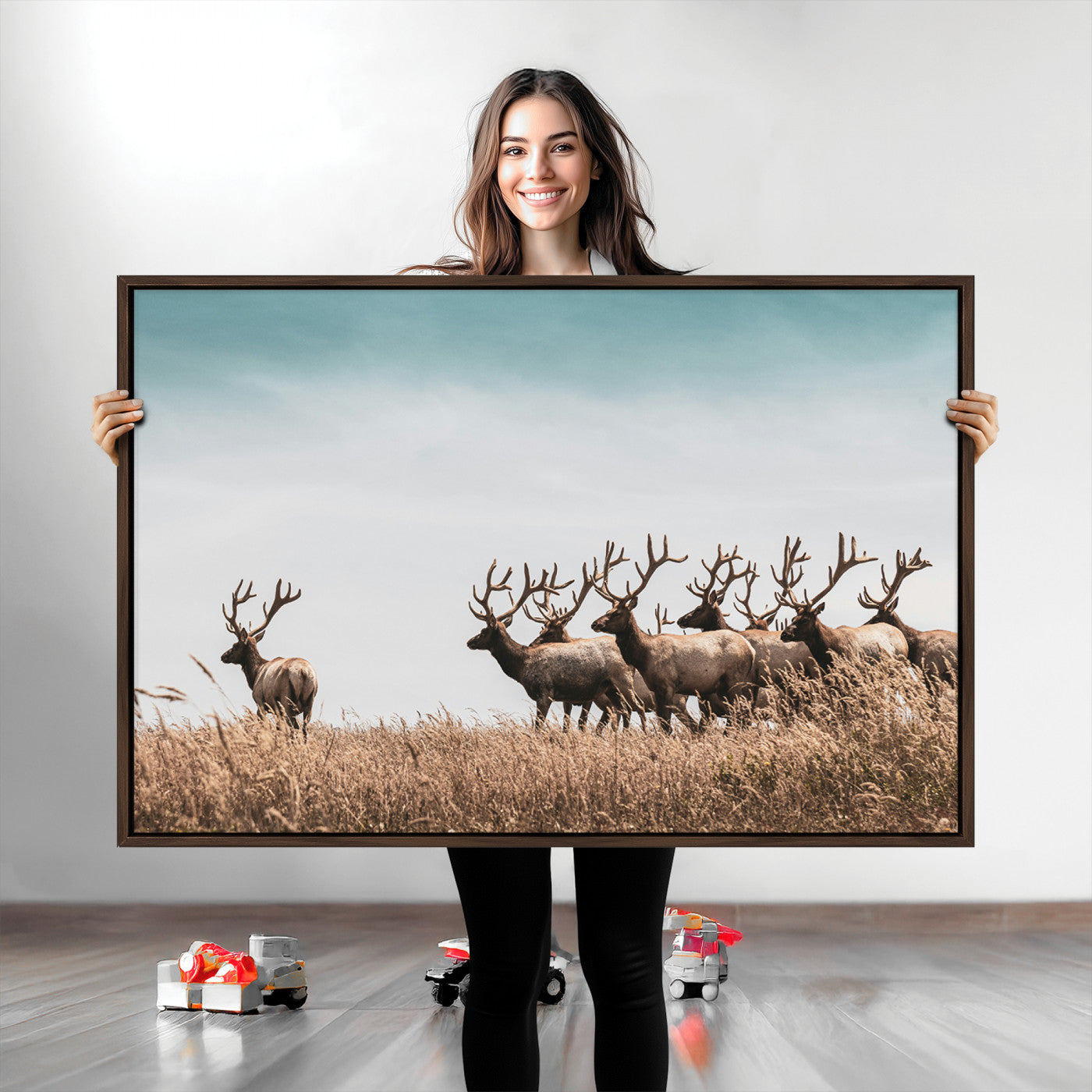 Elk Herd Wall Art Canvas, Antler Canvas Print, Framed Wildlife Photography Art Picture Print, Rustic Nature Print Perfect Rustic Wildlife