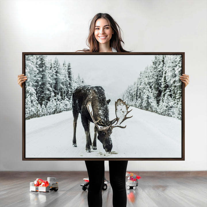 Moose in Snow Wall Art Canvas Print, Framed Winter Wildlife Art Picture Print, Snowy Forest Scene Perfect Rustic Lodge Decor Artwork