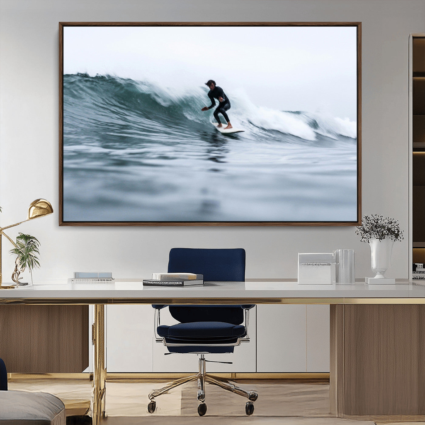 MGV-FC-36X24 - Surfer on Wave Wall Art Canvas Print, Framed Ocean Adventure Art Picture Print, Motion Blur Water Perfect Coastal Adventure Decor Artwork