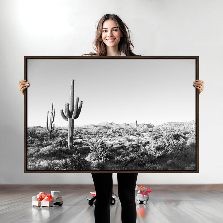 Saguaro Cactus Canvas Print Wall Art , Monochrome Landscape Print, Framed Scenic Arizona Art Print, Large Timeless Western Aesthetic