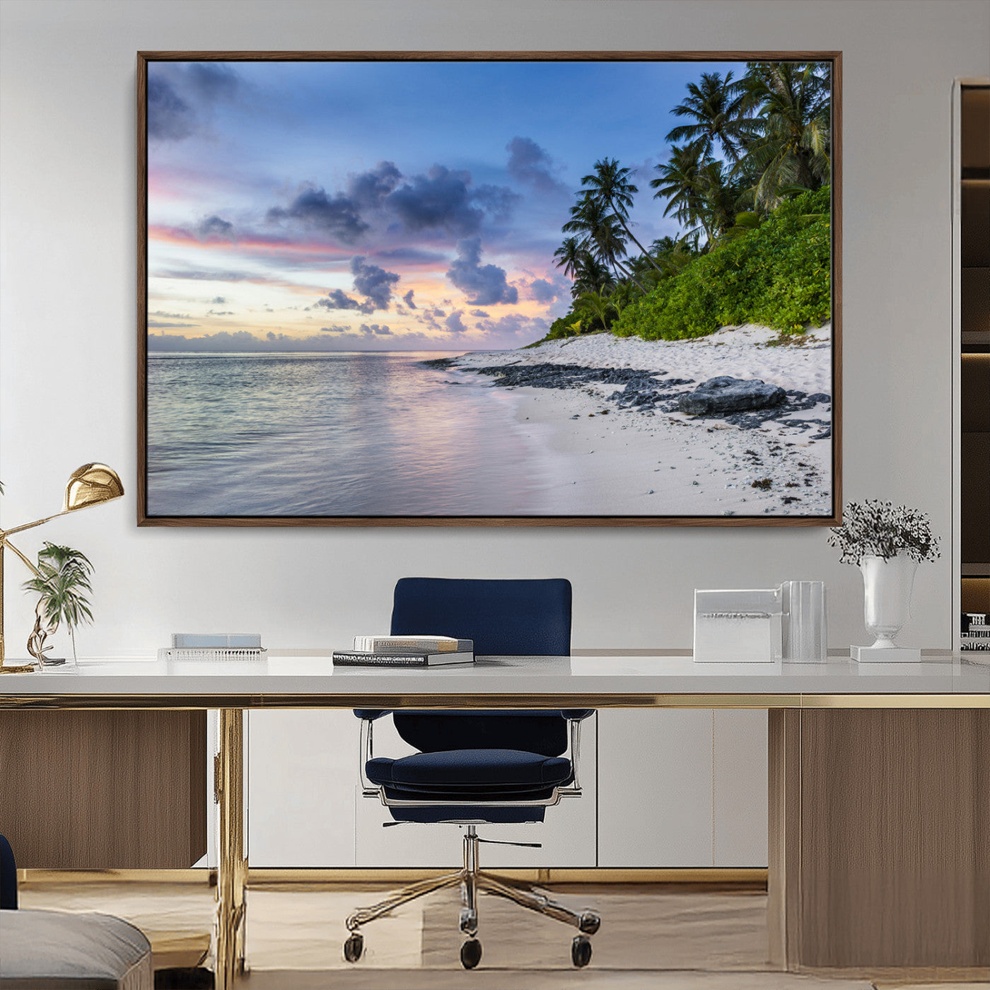 MGV-FC-36X24 - Tropical Beach Wall Art Canvas Print, Framed Sunset Glow Art Picture Print, Palm Tree Coast Perfect Tropical Coastal Decor Artwork