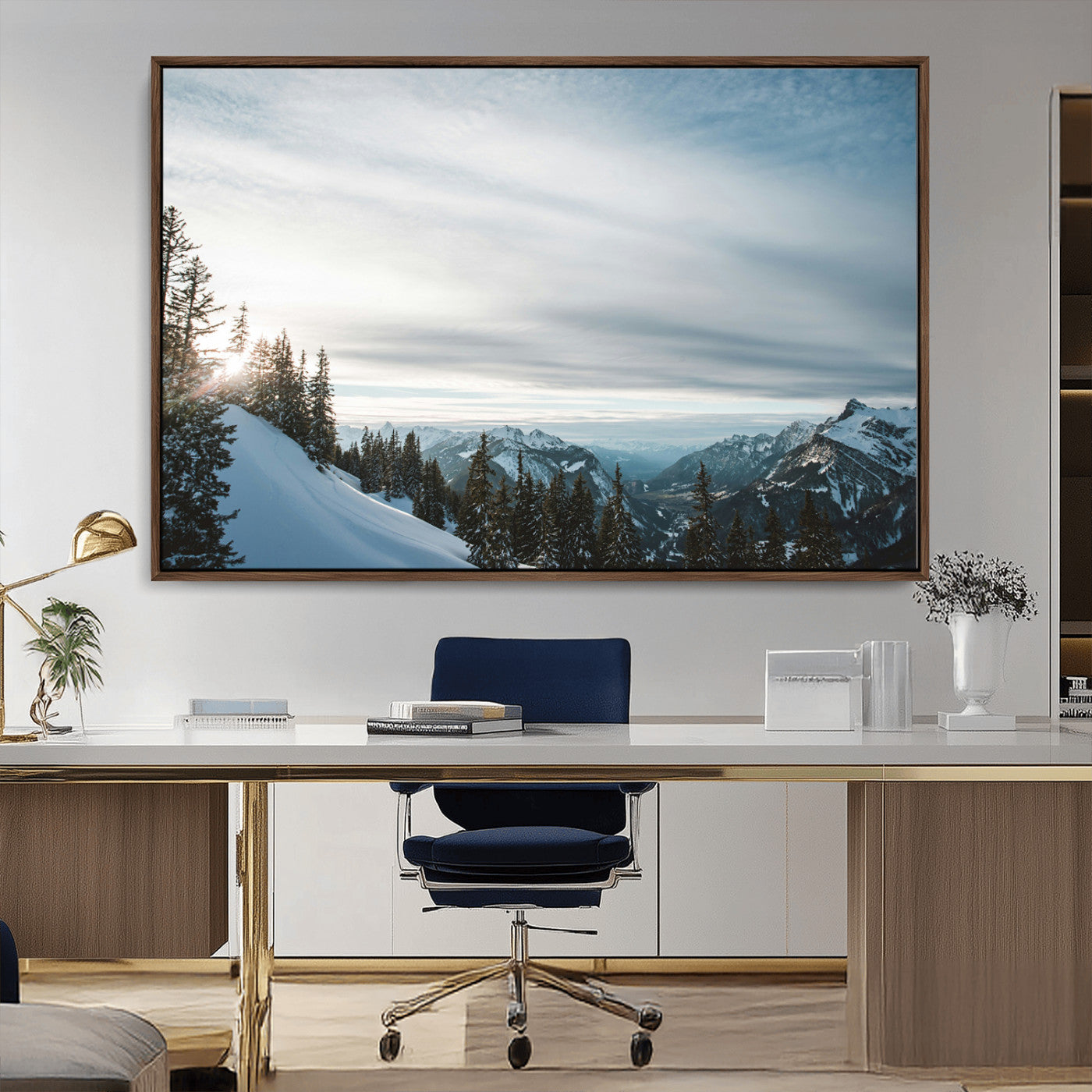 MGV-FC-36X24 - Snowy Mountains Wall Art Canvas Print, Framed Alpine Landscape Art Picture Print, Frosty Peaks Perfect Nordic Minimalist Decor Artwork