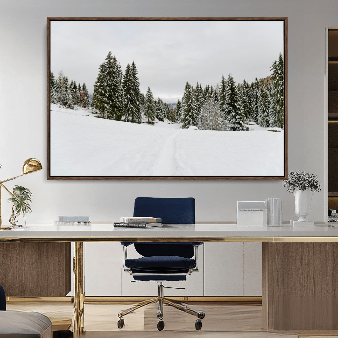 MGV-FC-36X24 - Frosty Pines Wall Art Canvas Print, Framed Silent Snowfall Art Picture Print, Cozy Cabin Vibes Perfect Nordic Minimalist Decor Artwork