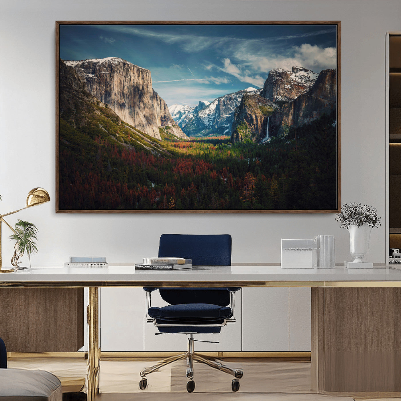 Framed canvas print of Yosemite National Park, featuring El Capitan and a scenic waterfall, ideal for rustic farmhouse or adventure-themed home decor.