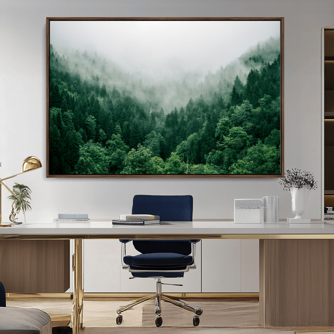 MGV-FC-36X24 - Misty Green Forest Canvas Print – Serene Foggy Pine Landscape Wall Art, Tranquil Nature Decor for