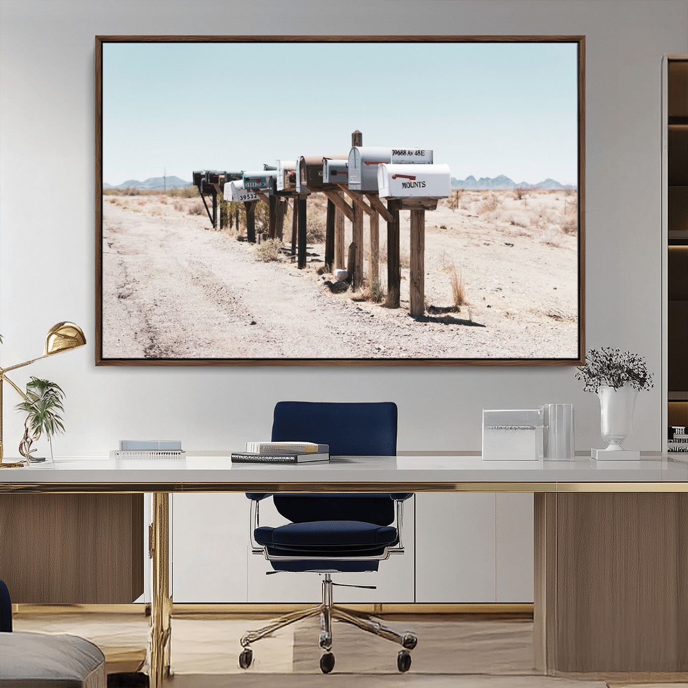MGV-FC-36X24 - Desert Mailboxes Canvas Print – Minimal Western Landscape Photography, Rustic Americana Wall Art for