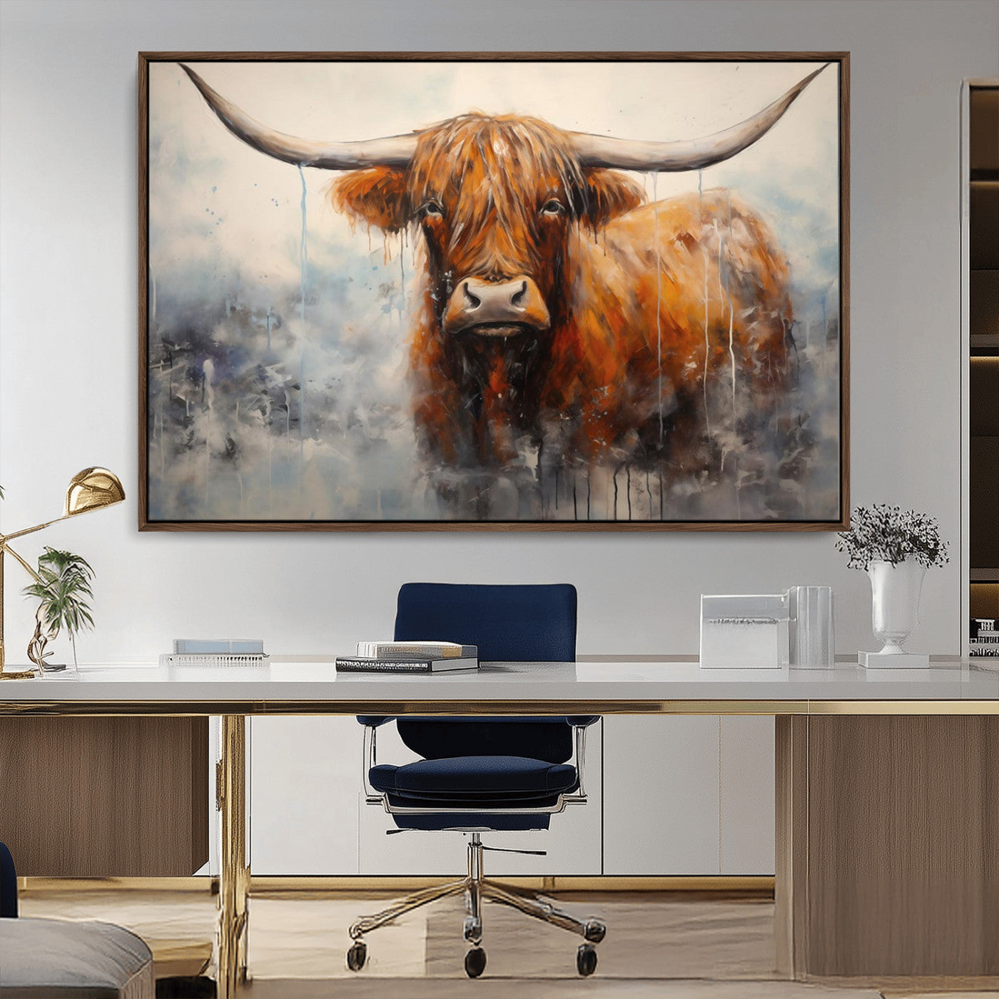 MGV-FC-36X24 - Scottish Highland Wall Art Canvas Print, Framed Longhorn Art Picture Print, Western Cow Perfect Farmhouse Decor Artwork