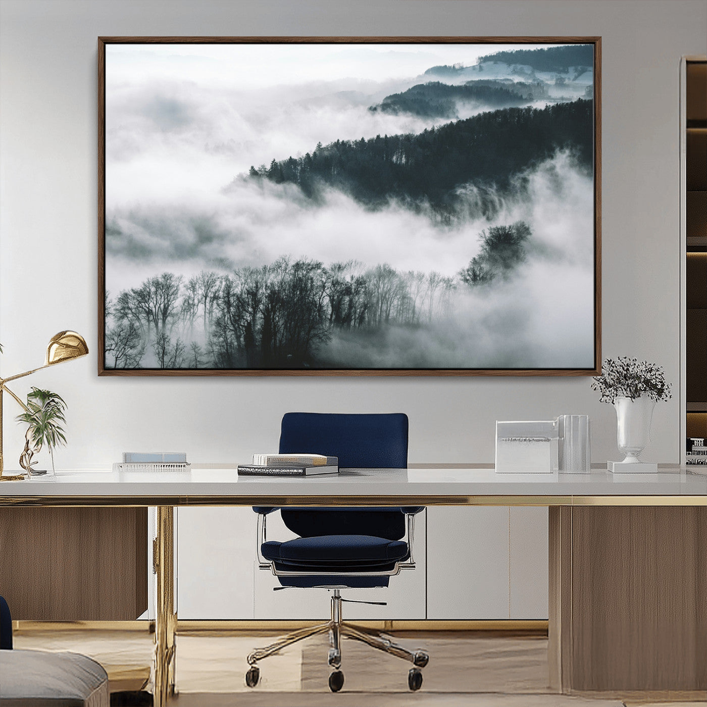 67569654-MGV-CV-36X24-Foggy Forest Landscape Wall Art Canvas Print – Misty Mountain Valley Scene in Monochrome Tones, Perfect for Minimalist or Nordic Home Decor