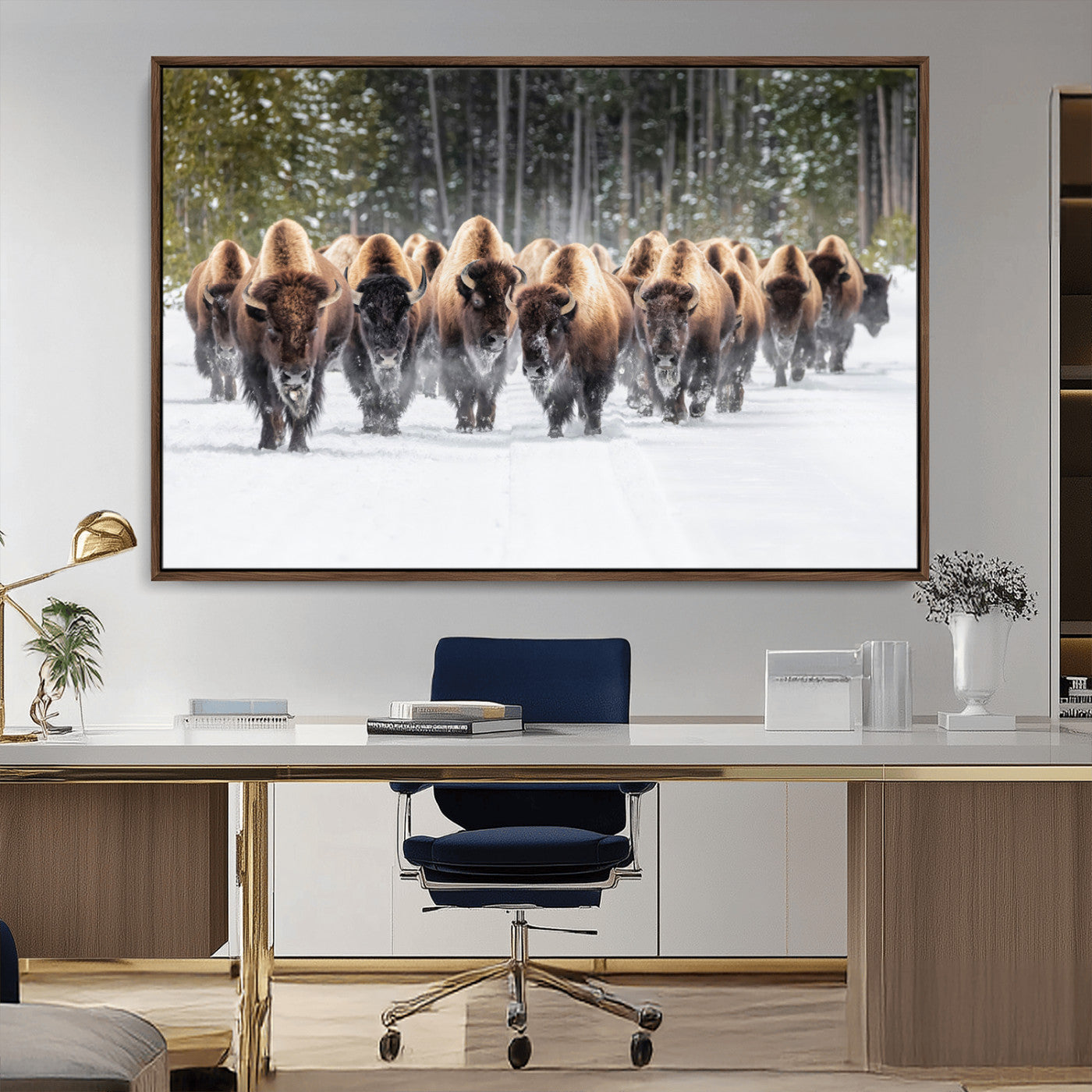 American Bison Herd in Snow Wall Art Canvas Print – Powerful Winter Wildlife Scene with Buffalo in Motion, Perfect for Rustic Lodge or Western Cabin Decor