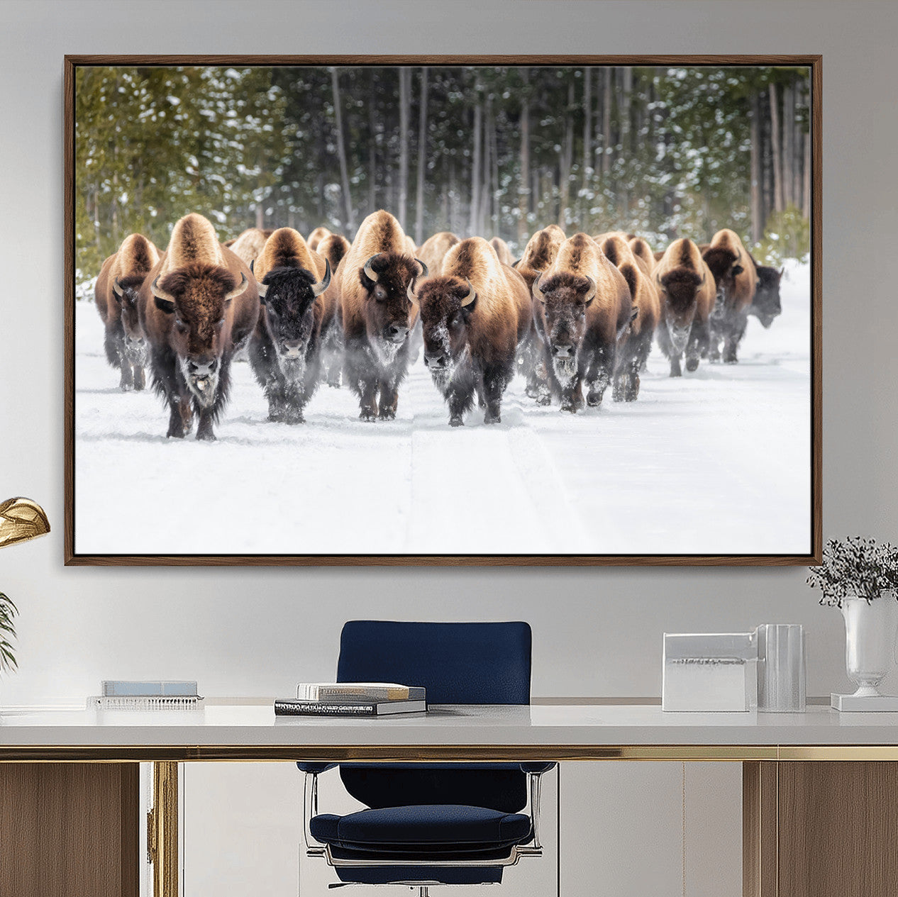 96906195-MGV-FC-36X24 - American Bison Herd Snow Canvas Wall Art – Powerful Winter Wildlife Print of Buffalo Motion, Rustic Lodge or Western Cabin Decor for Living Room, Office