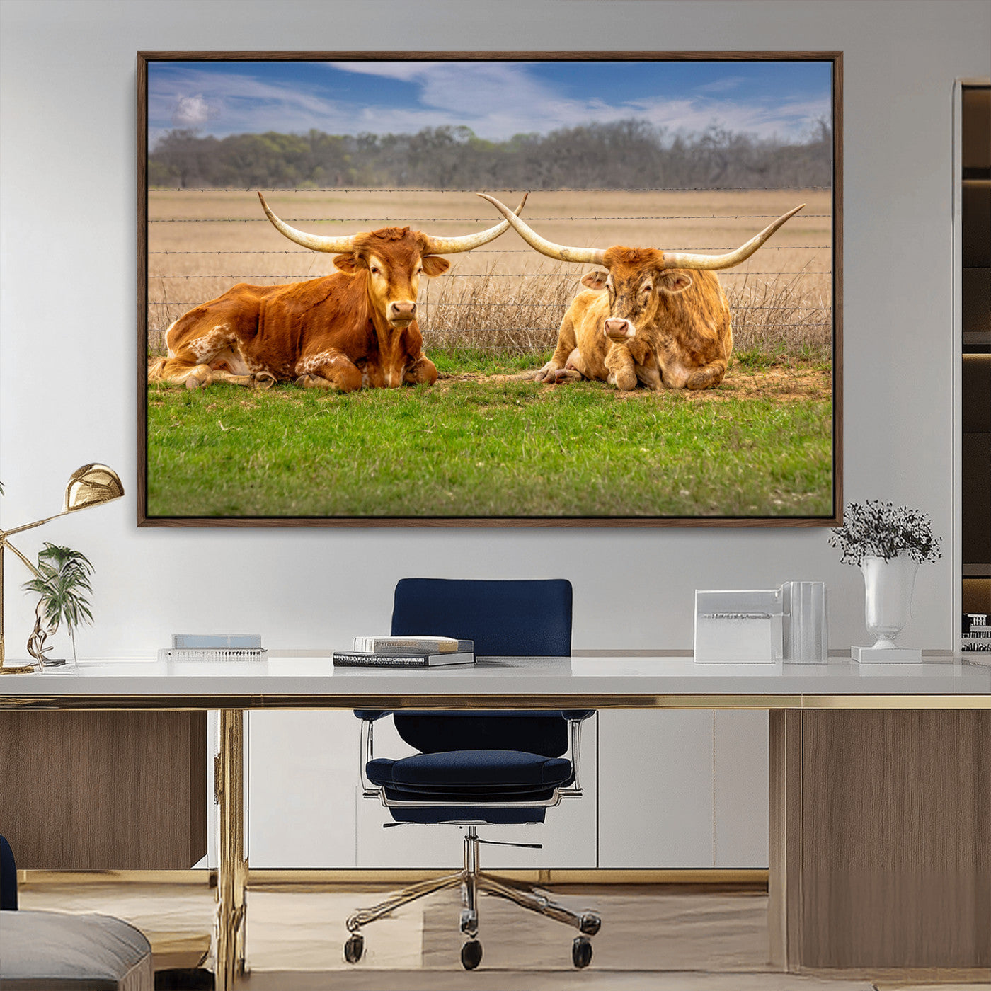 54598515-MGV-CV-36X24-Texas Longhorn Pair Wall Art Canvas Print – Peaceful Rustic Ranch Scene with Two Cattle in Field, Perfect for Western Farmhouse Home Decor