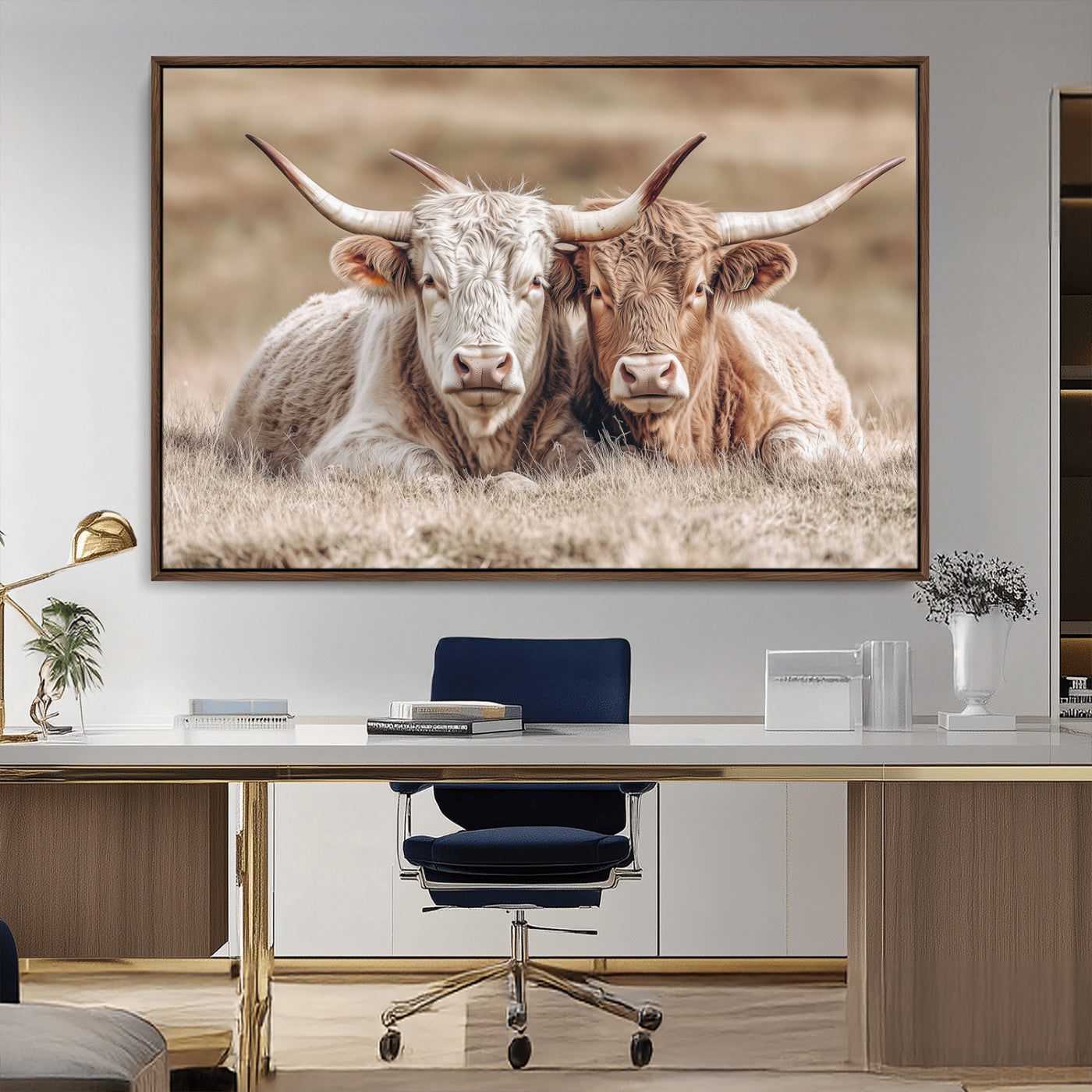 Two Highland cows with long horns lying side by side on a grassy field, featuring soft natural tones and a calm rural setting.