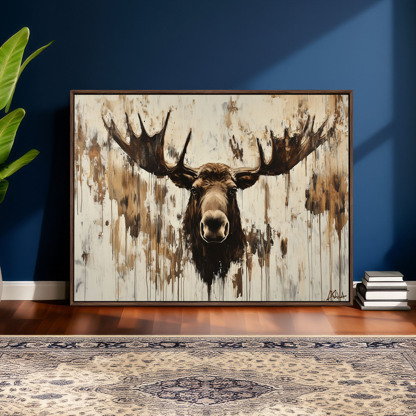 34496536-MGV-CV-36X24 - Powerful Moose Portrait Wall Art – Rich Earthy Tones, Expressive Brushstrokes, Striking Gaze, Raw Nature Vibes Decor for Home or Office