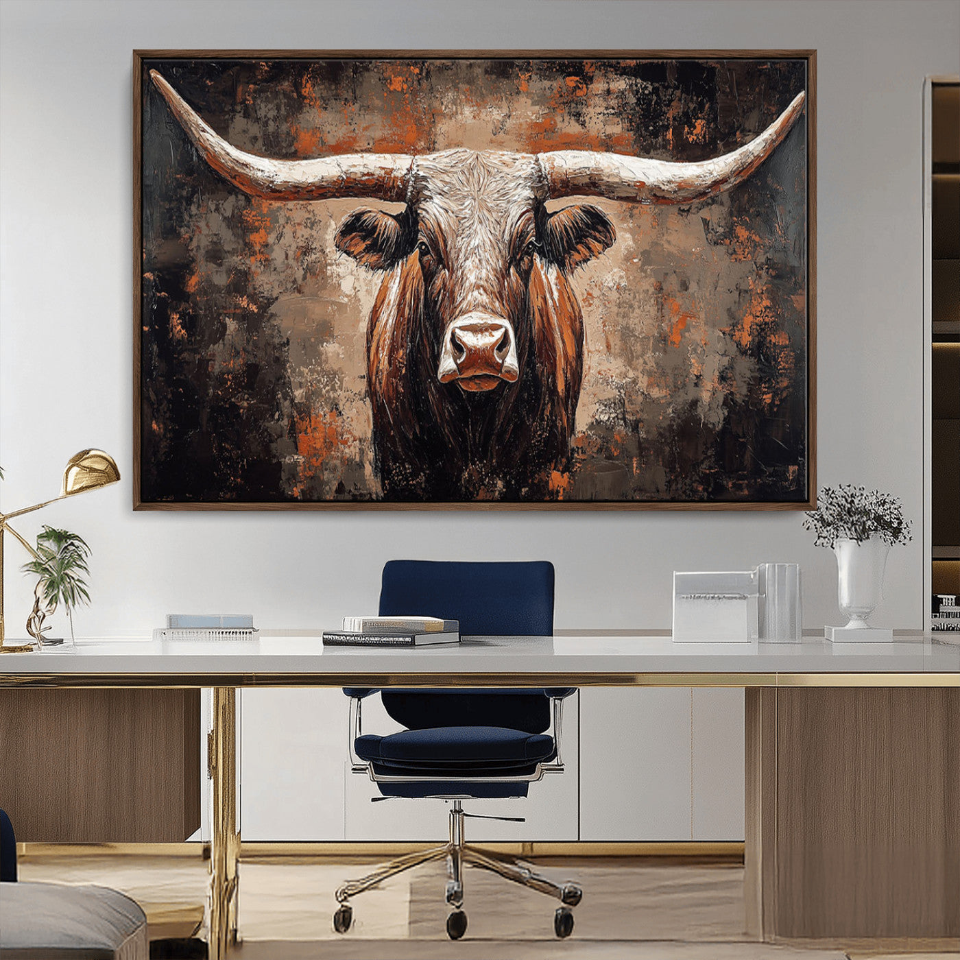 42732393-MGV-CV-36X24-Rustic Longhorn Bull Wall Art Canvas Print – Vintage Western Cattle Painting, Texas Steer Artwork for Ranch, Farmhouse or Cowboy Decor