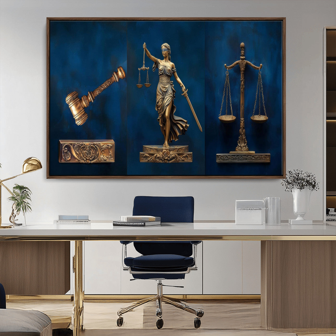 MGV-FC-36X24 - Lady Justice Wall Art Canvas Print – Elegant Gold Legal Symbols on Blue Background, Perfect for Law
