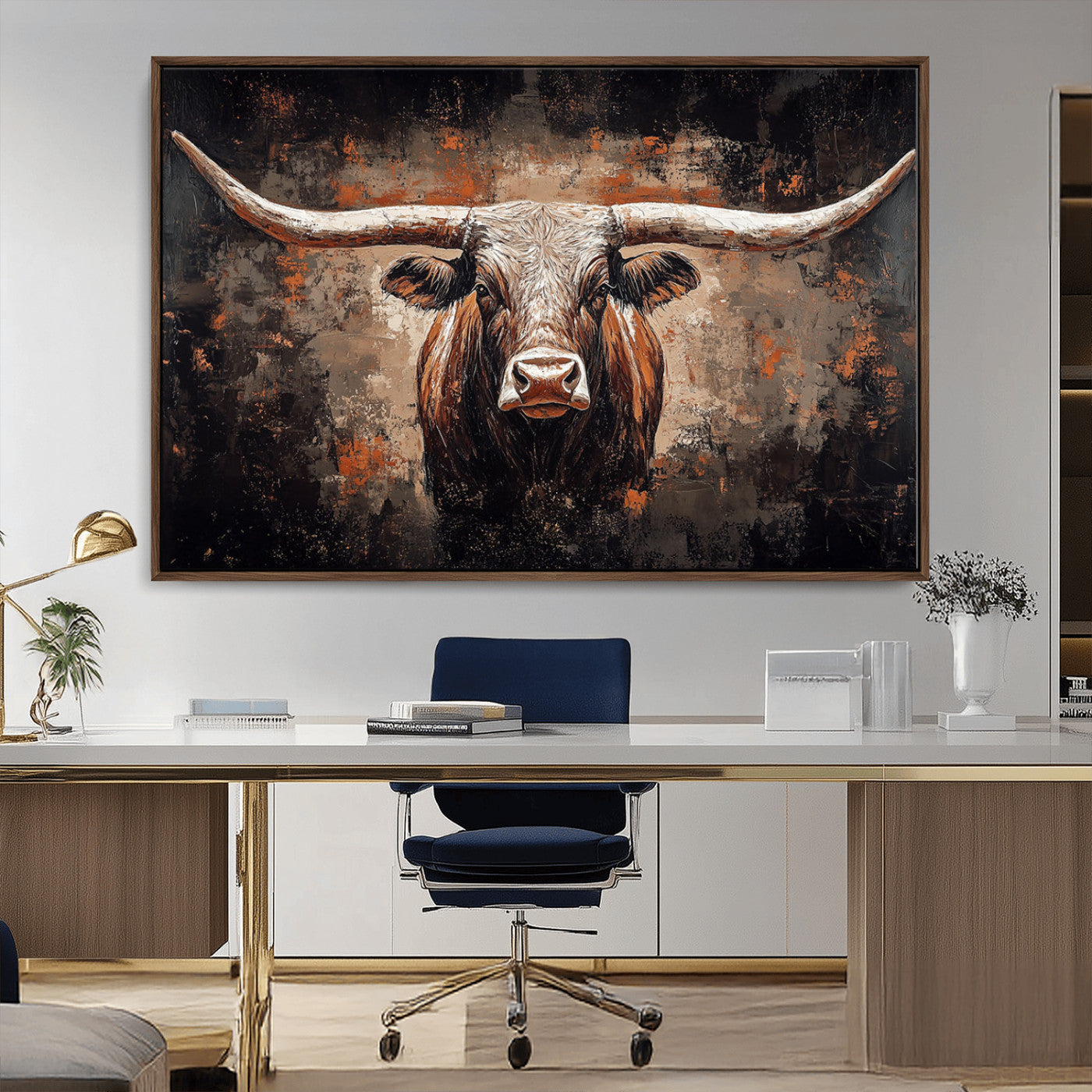Rustic Longhorn Bull Wall Art Canvas Print – Vintage Western Cattle Painting, Texas Steer Artwork for Ranch, Farmhouse or Cowboy Decor
