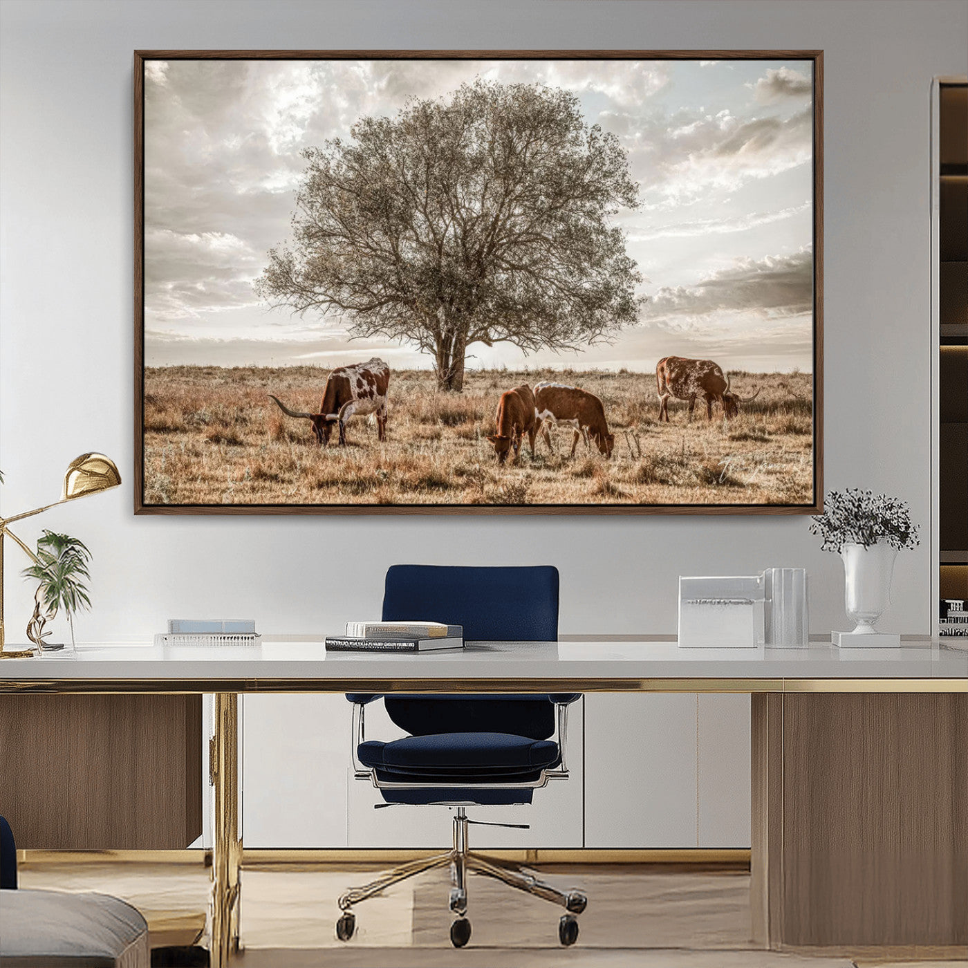 Texas Longhorn Cattle Wall Art Canvas Print – Rustic Western Ranch Scene with Steers at Sunset, Perfect for Farmhouse or Cowboy Decor