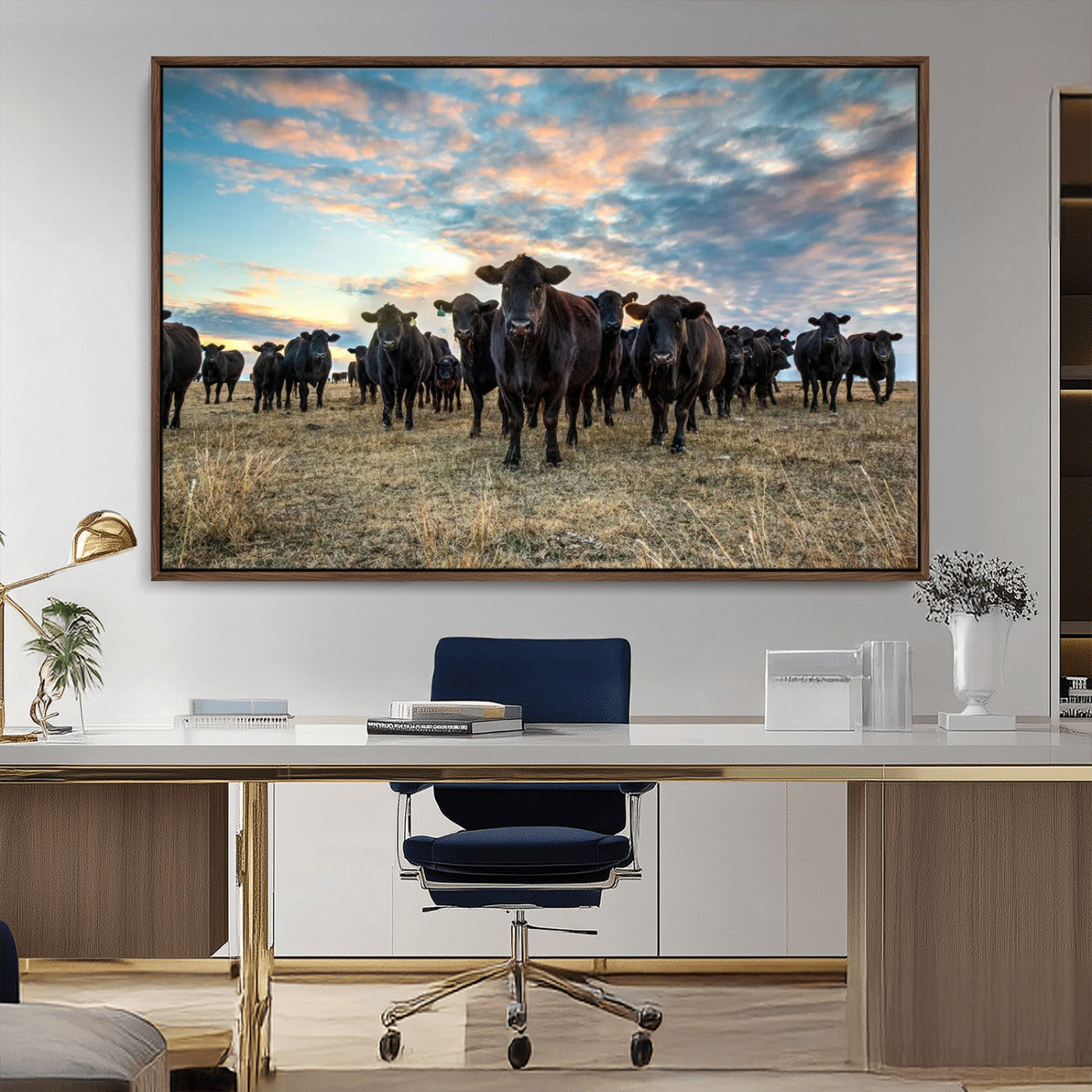 13867292-MGV-CV-36X24-Texas Longhorn Cattle Wall Art Canvas Print – Rustic Western Ranch Scene with Steers at Sunset, Perfect for Farmhouse or Cowboy Decor