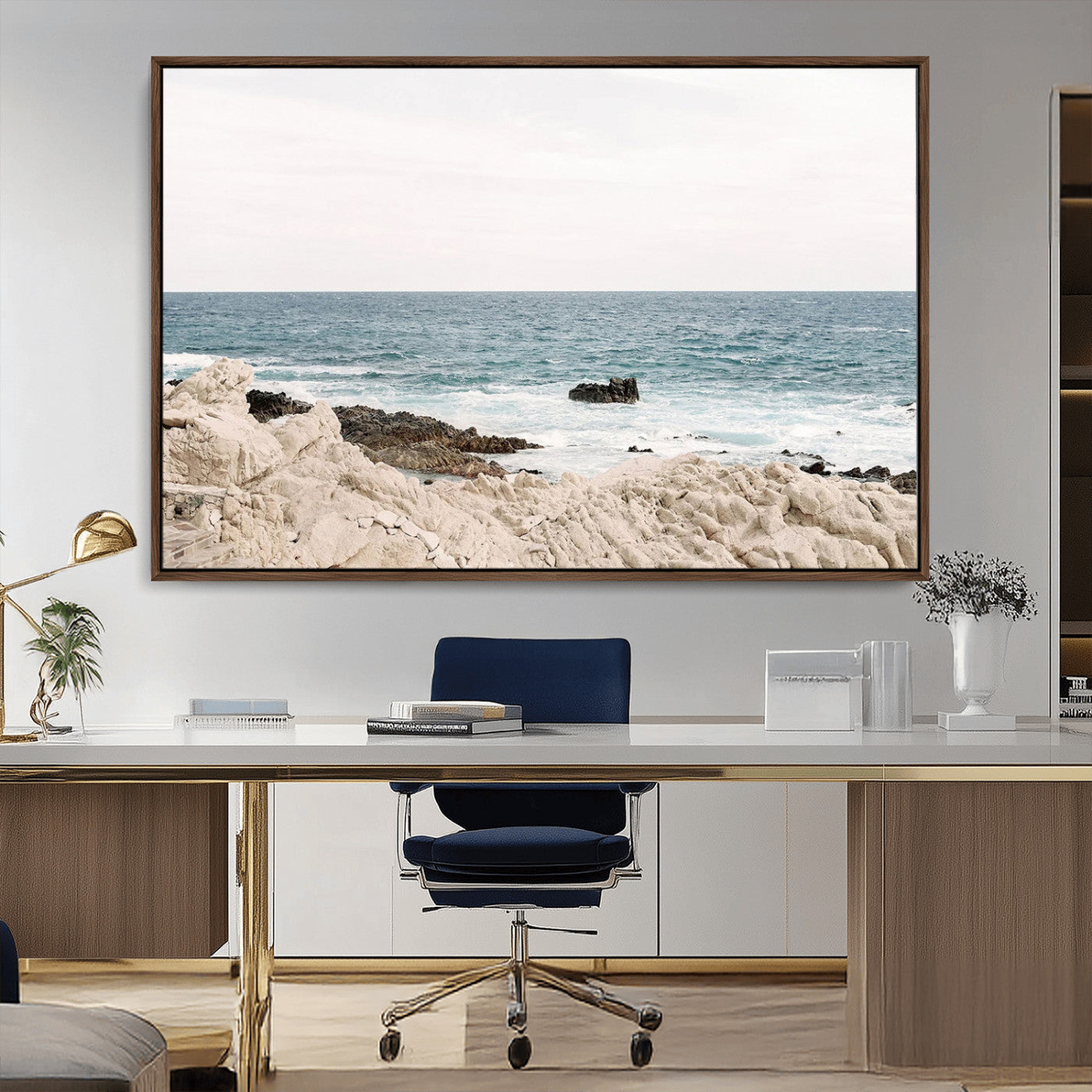 Coastal Ocean View Wall Art Canvas Print – Serene Rocky Shoreline and Blue Sea Photography for Coastal Chic or Minimalist Home Decor