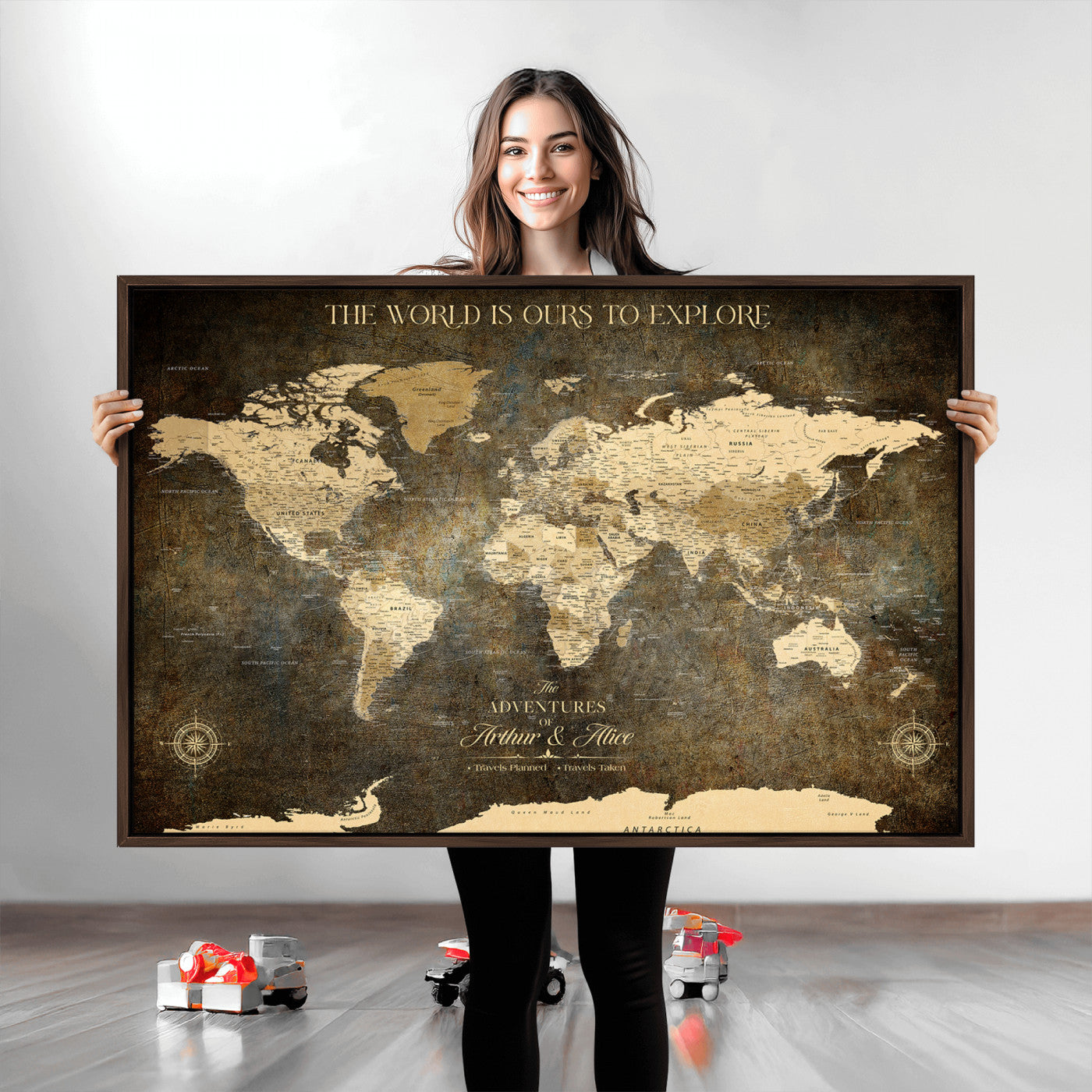 76675404-MGV-CV-36X24-Framed Push Pin World Travel Map – Canvas Wall Art for Tracking Adventures, Decorative Vintage Style Map with Pins for Home or Office - H1