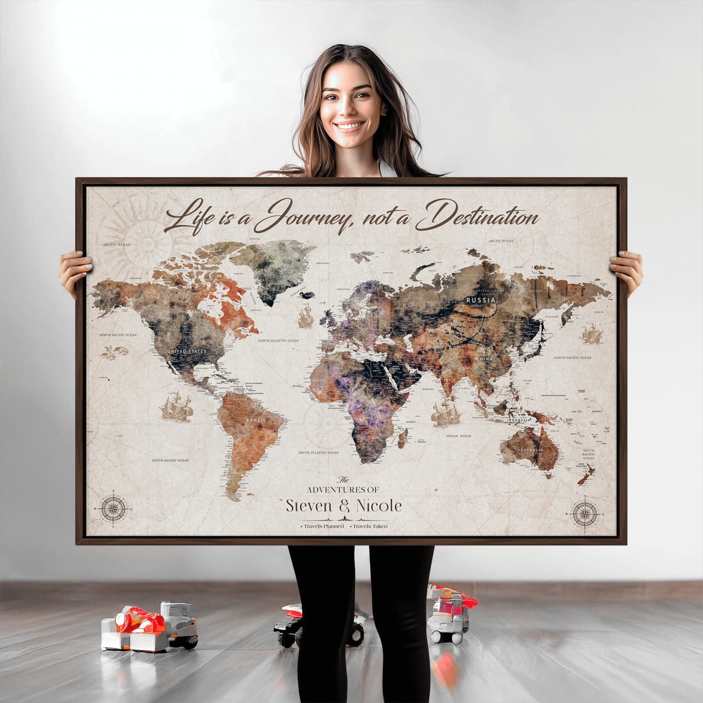 96000140-MGV-CV-36X24-Custom Push Pin World Map Wall Canvas Print – Personalized Travel Tracker with Pins – Framed Large Multi-Size Canvas for Home Office Decor