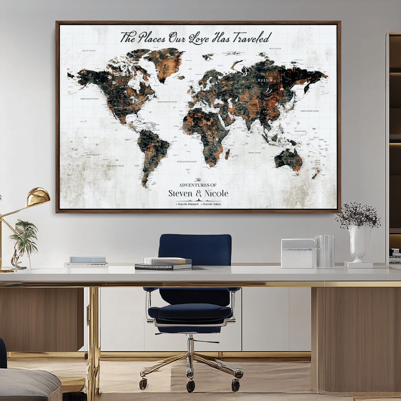 89231588-MGV-CV-36X24-World Travel Map with Pins – Framed Canvas Print to Track Adventures and Create a Visual Travel Journal, Ideal Wall Art for Home - H17