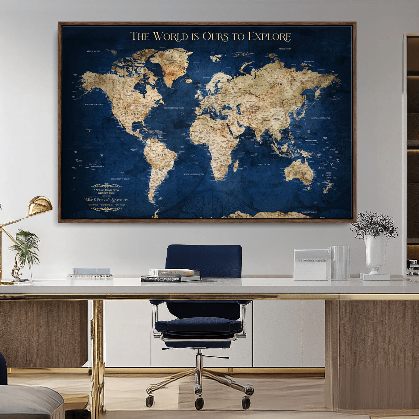 10181149-MGV-CV-36X24-Custom Push Pin World Map Wall Canvas Print – Personalized Travel Tracker with Pins – Framed Large