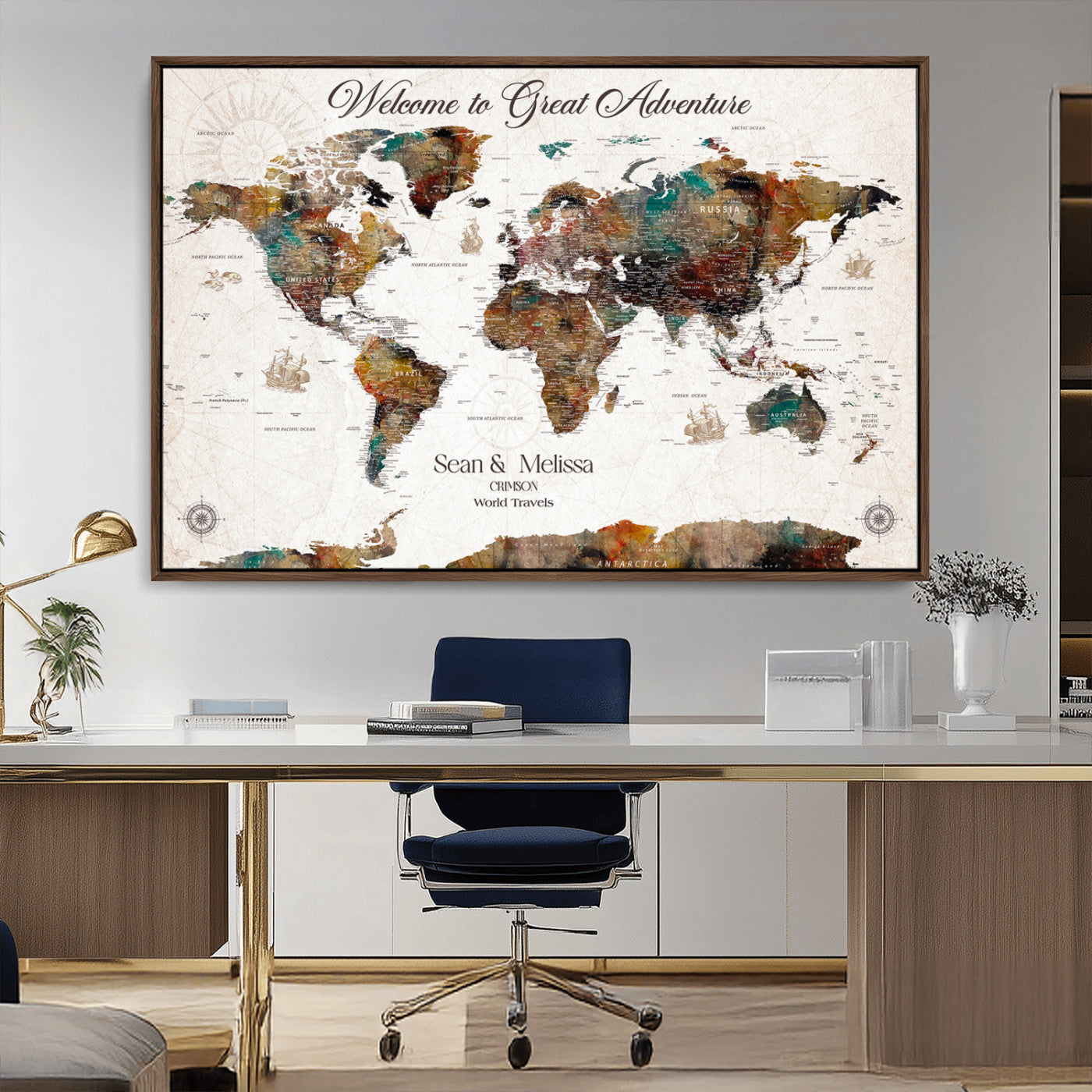 92462592-MGV-CV-36X24-Customize Push Pin World Map Wall Canvas Print – Personalizable Travel World Map with Pins – Framed Personalized Map Print for Couple Gift - H31