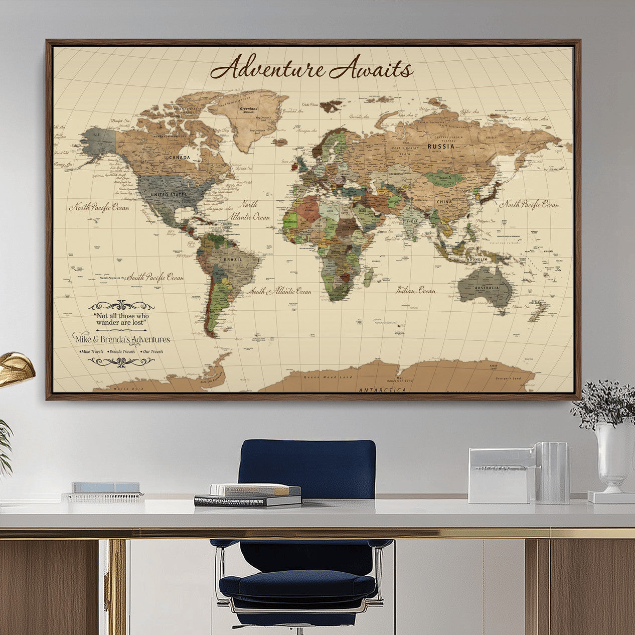 31875069-MGV-FC-36X24 - Customizable Push Pin World Map Wall Canvas Print – Personalize Travel Tracker with Pins – Framed Custom Quotie Canvas for Home Office Decor
