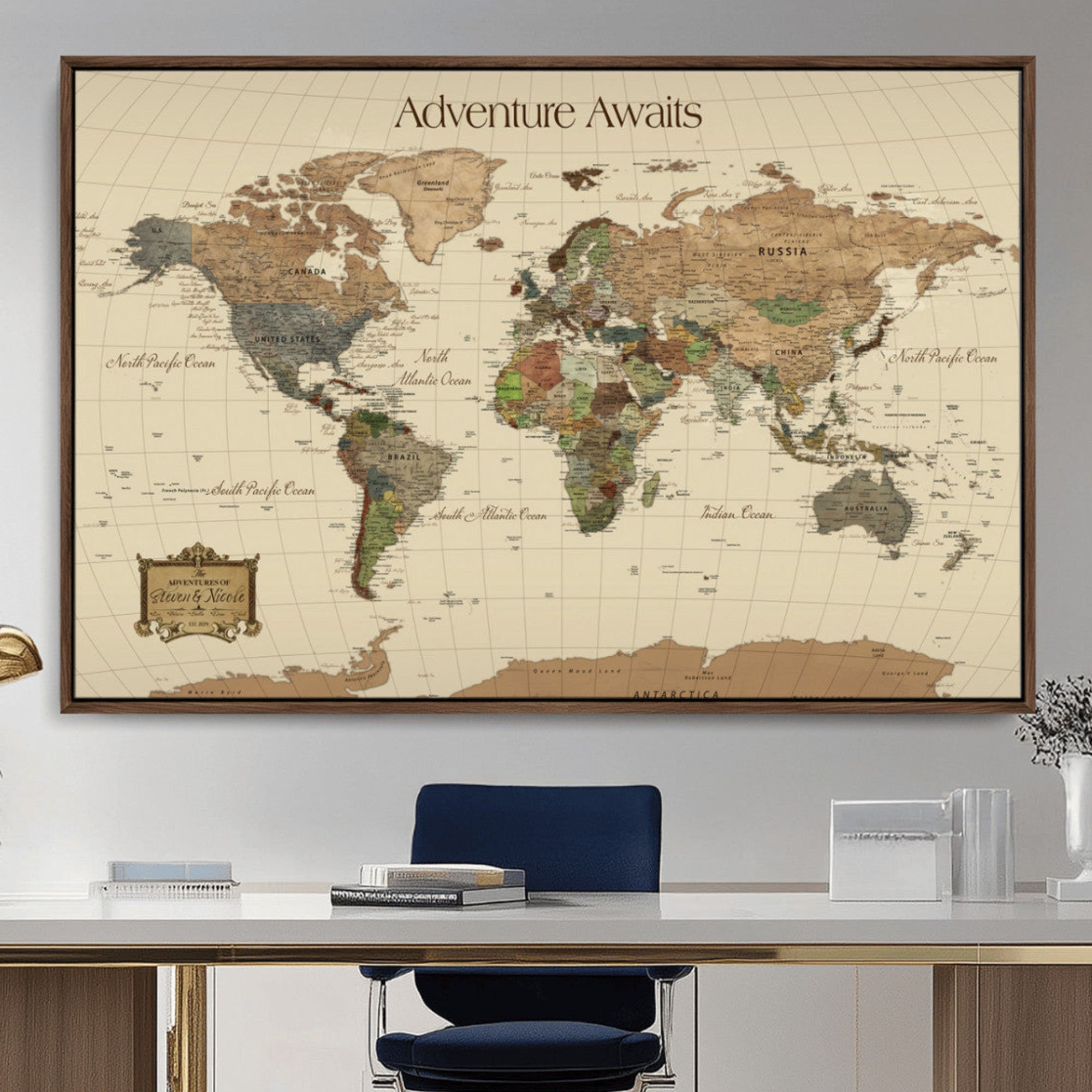 Rehber01-MGV-CV-36X24-Custom Push Pin World Map Wall Art Canvas Print – Personalized Travel Tracker Adventure Destination Gift for Home Office