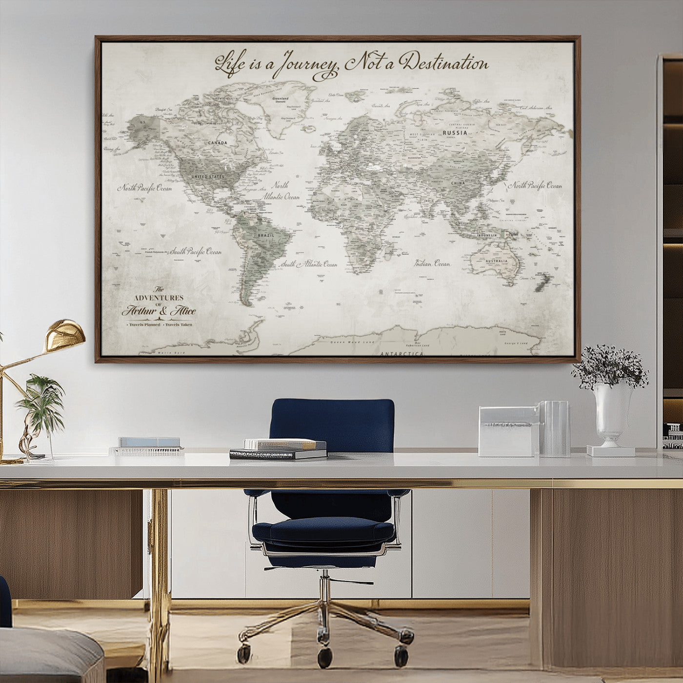 11398637-MGV-CV-36X24-Custom Push Pin World Map Wall Canvas Print – Personalized Travel Tracker with Pins – Framed Custom