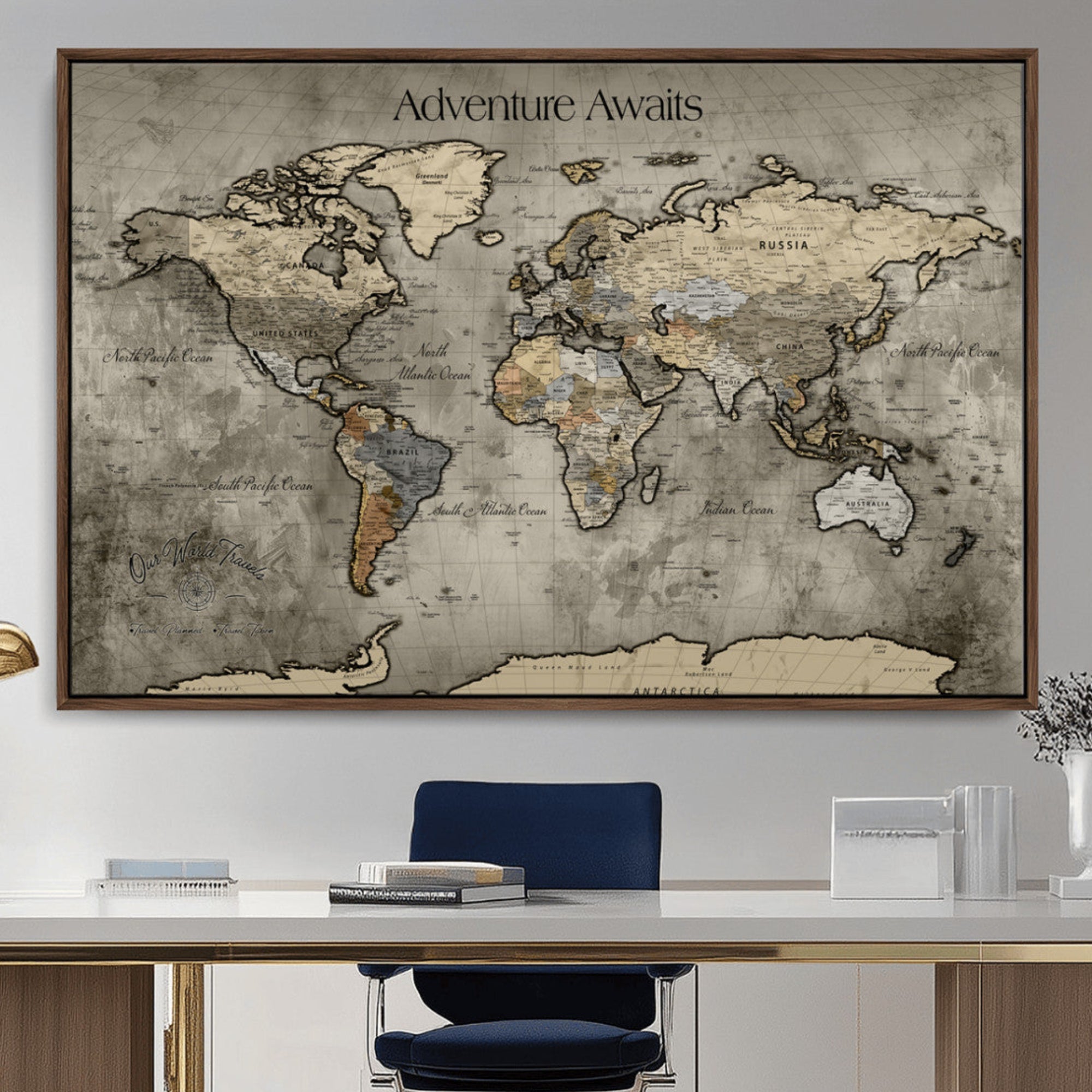 Rehber01-MGV-CV-36X24-Personalized World Map Wall Art Canvas Print – Custom Push Pin Travel Tracker Artwork for Home, Office, Living Room