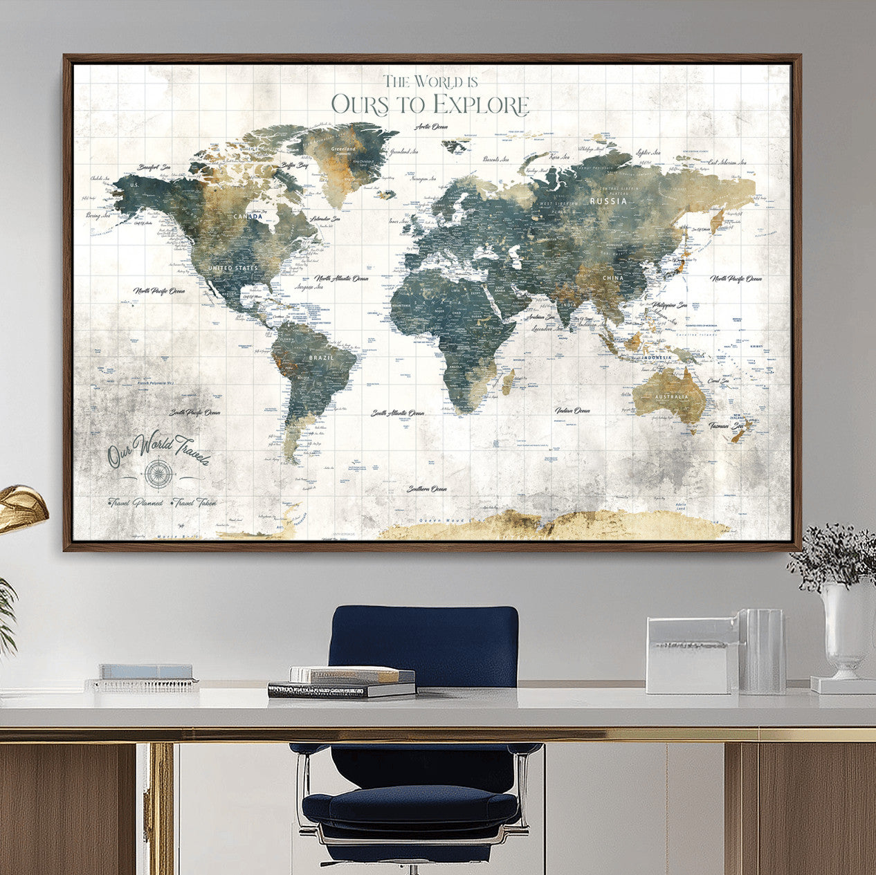 14988581-MGV-FC-36X24 - Custom Push Pin World Map Wall Canvas Print – Personalized Travel Tracker with Pins – Framed Custom Quotie Canvas for Home Office Decor