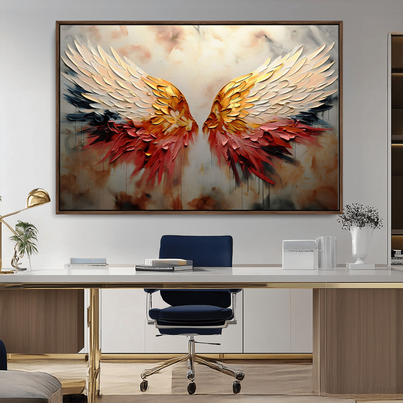 A stunning 3D-style painting of angel wings with vibrant gold, red, and black hues, creating a dramatic and striking visual effect.