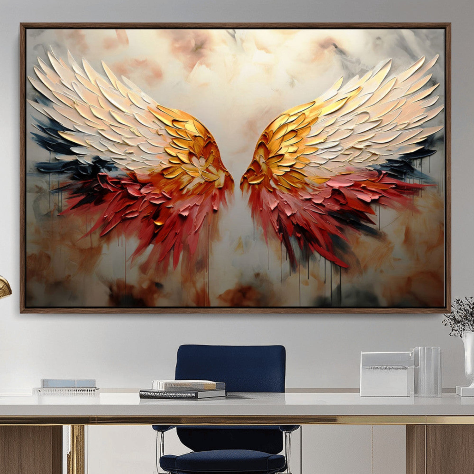 91020932-MGV-CV-36X24-Vibrant Angel Wings Wall Art Canvas Print – Gold Red Abstract Feathered Dreamy Spiritual Decor for Home, Office
