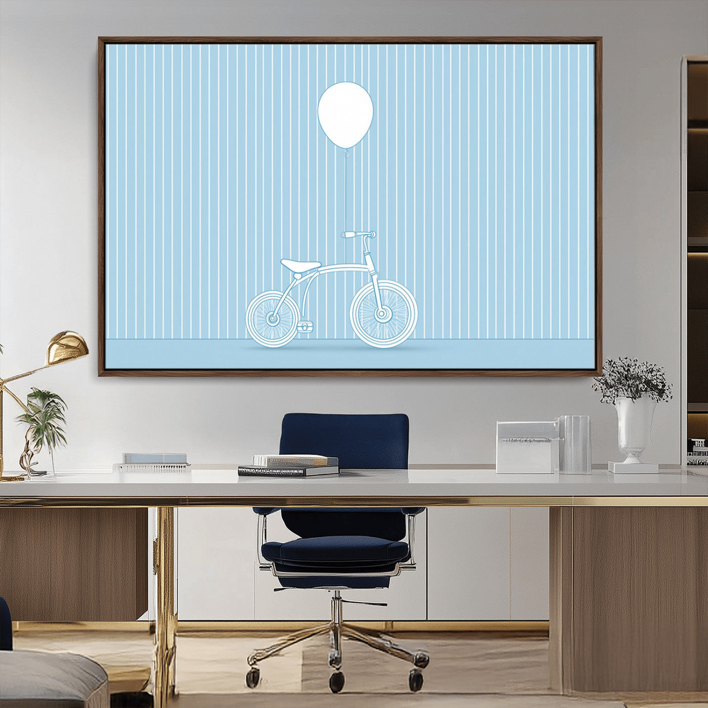 A minimalistic blue line drawing of a bicycle with a balloon floating above it, set against a soft striped background.